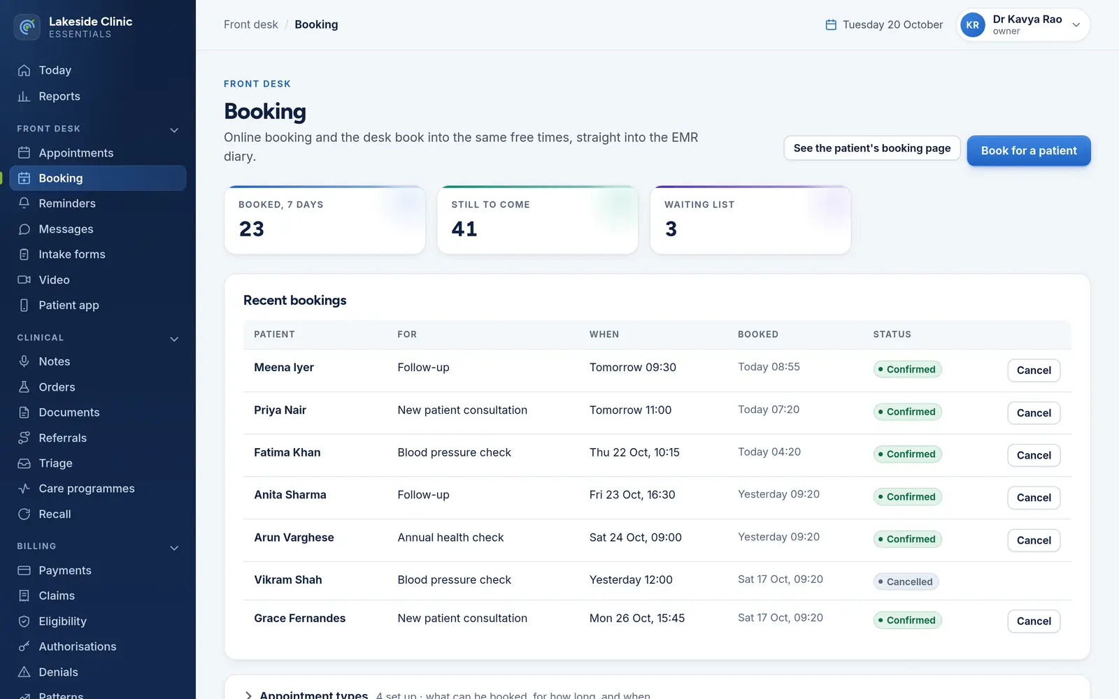The Booking page: bookings in the last week, visits still to come and the waiting list, above recent bookings with the patient, appointment type, time and status.