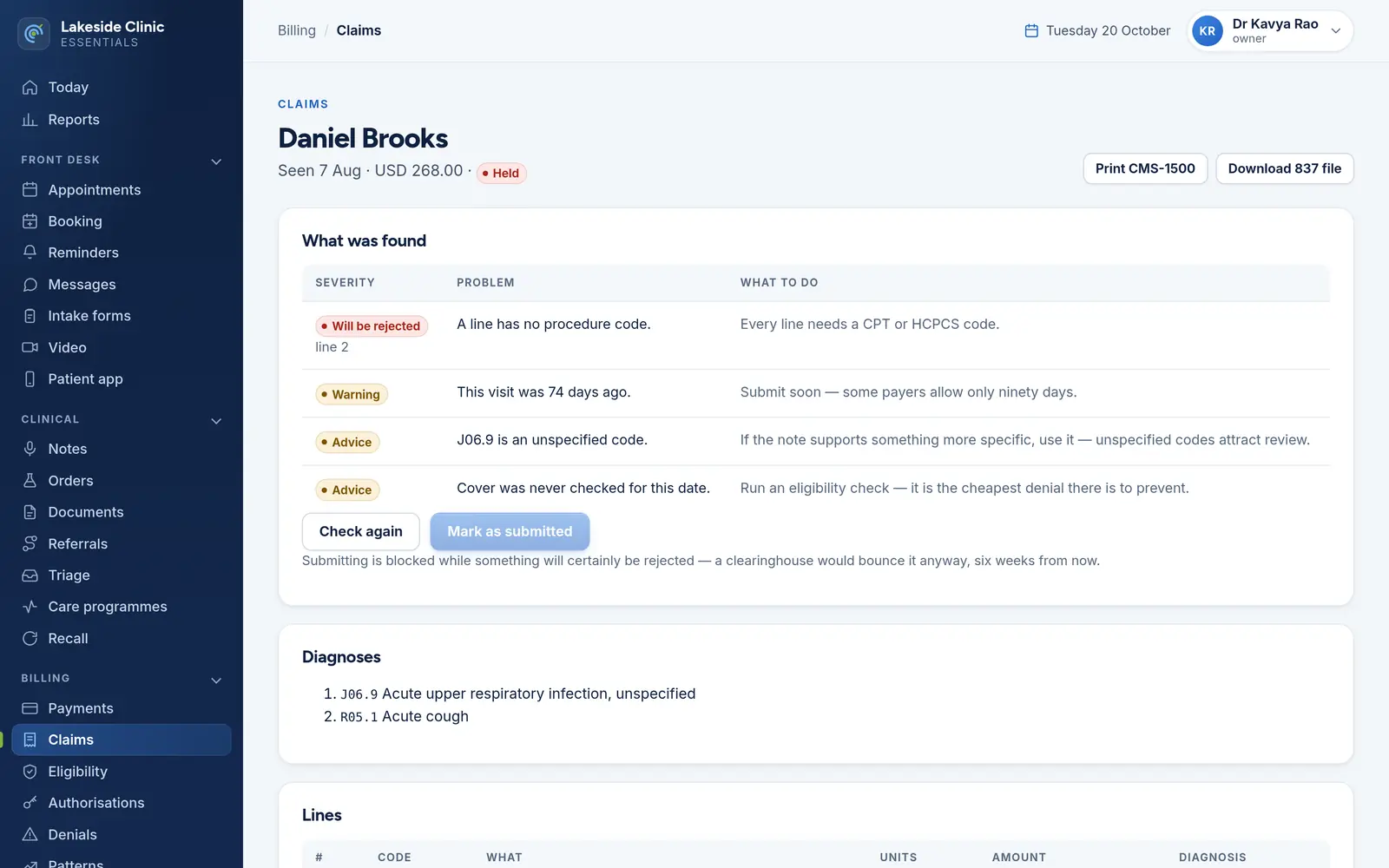 A held claim for Daniel Brooks: one problem that will be rejected, a warning and two pieces of advice, each with what to do, and “Mark as submitted” disabled until the rejection is fixed.
