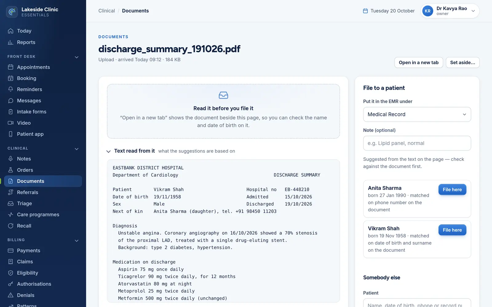 An incoming discharge summary with the text read from it, two suggested patients each saying what it matched on, and a choice of EMR folder.
