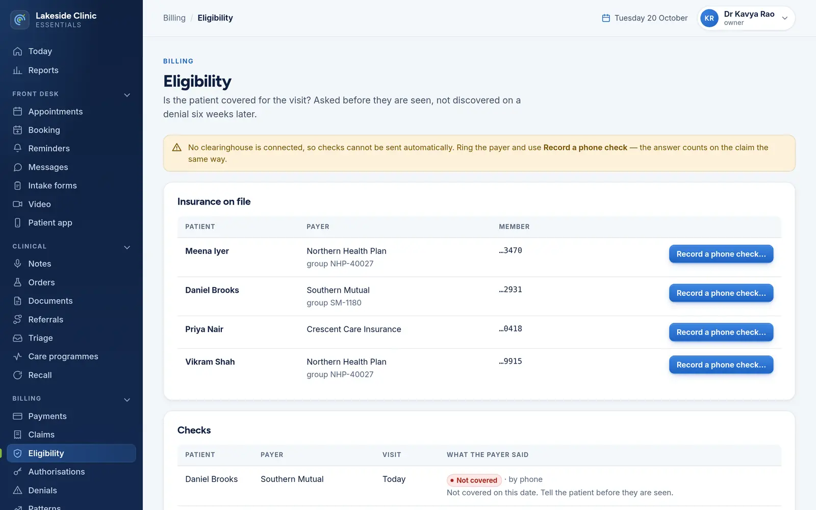 The Eligibility page: insurance on file with “Record a phone check” for each patient, and recent checks — one patient not covered today, others covered with their plan, copay and deductible remaining.