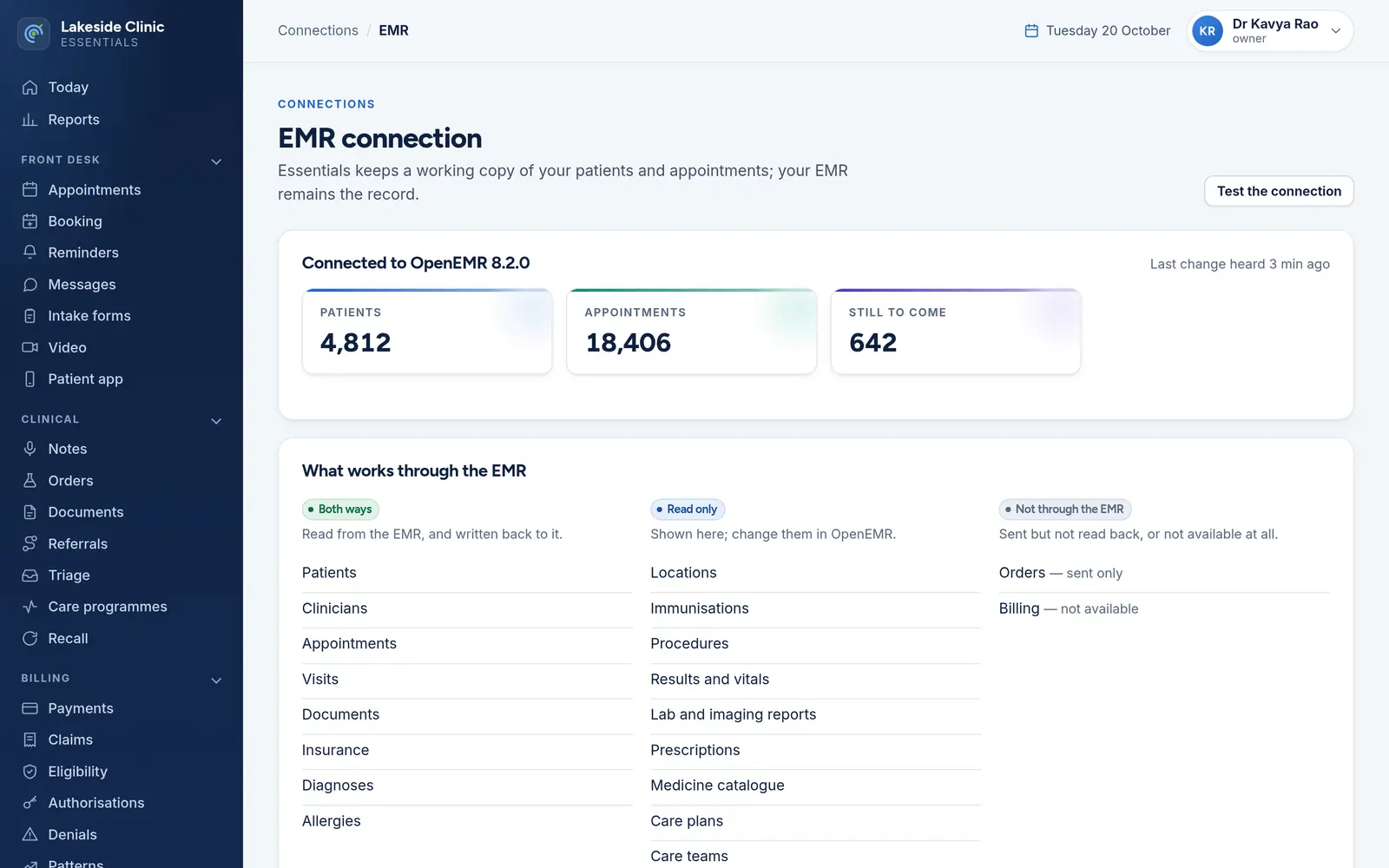 The EMR connection page: a live connection to OpenEMR 8.2.0 with counts of patients, appointments and visits still to come, and a three-column map of which record types work both ways, read only, or not at all.