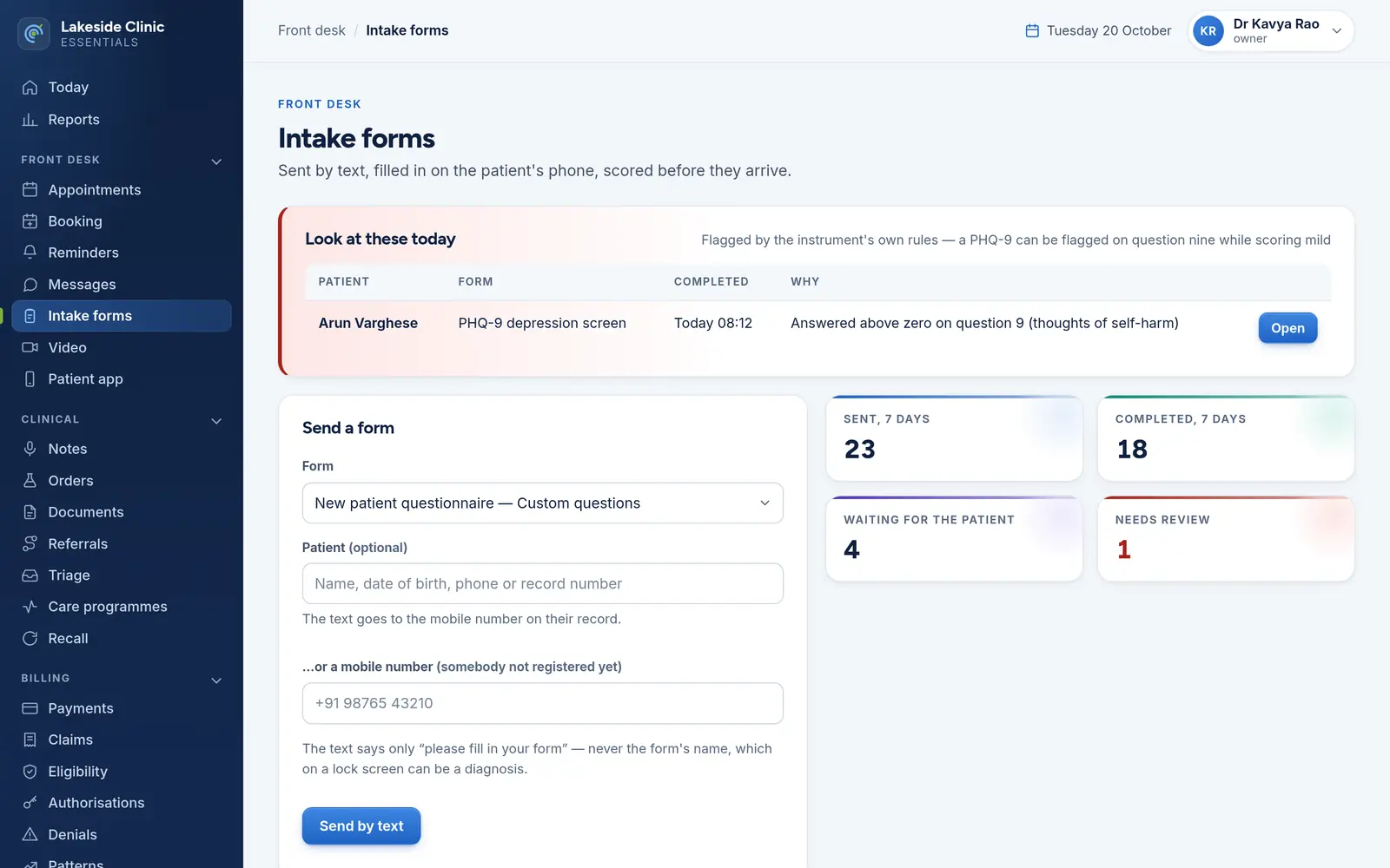 The intake forms page: a PHQ-9 flagged for review at the top, a panel for sending a form by text, and this week’s counts — 23 sent, 18 completed, 4 waiting, 1 needing review.
