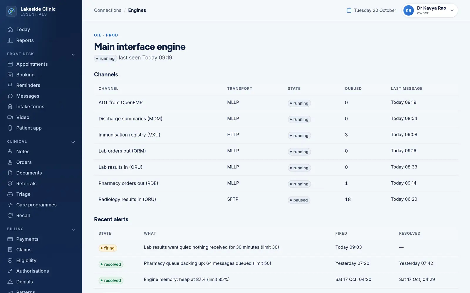 An integration engine’s page listing seven HL7 channels with transport, state, queued messages and time of last message, above recent alerts with one “Lab results went quiet” alert firing.