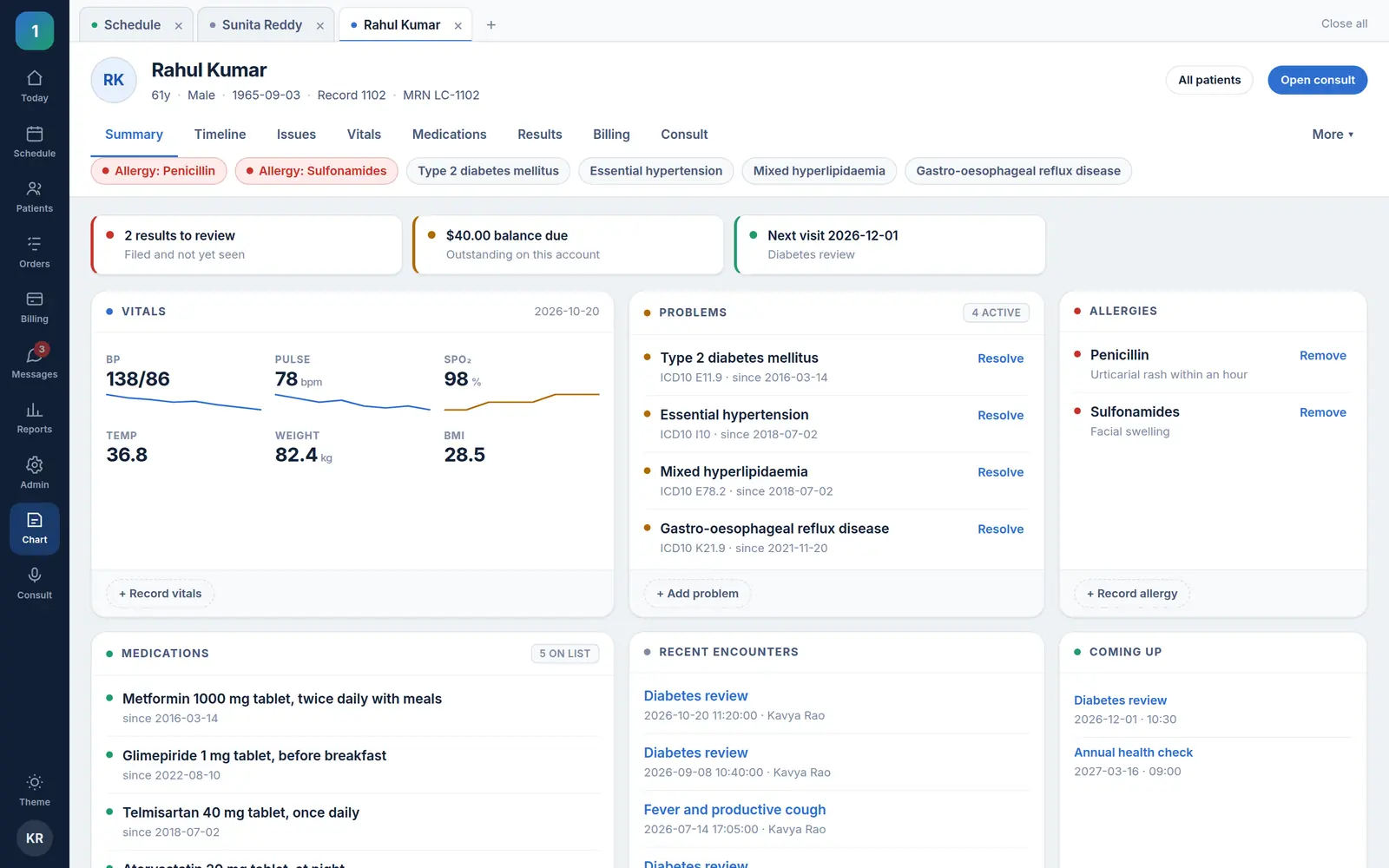 ONEemr chart summary for Rahul Kumar, 61: allergy and problem chips under his name, a short worklist, then vitals with trend lines, ICD-10-coded problems, allergies, medications, recent encounters and upcoming appointments.