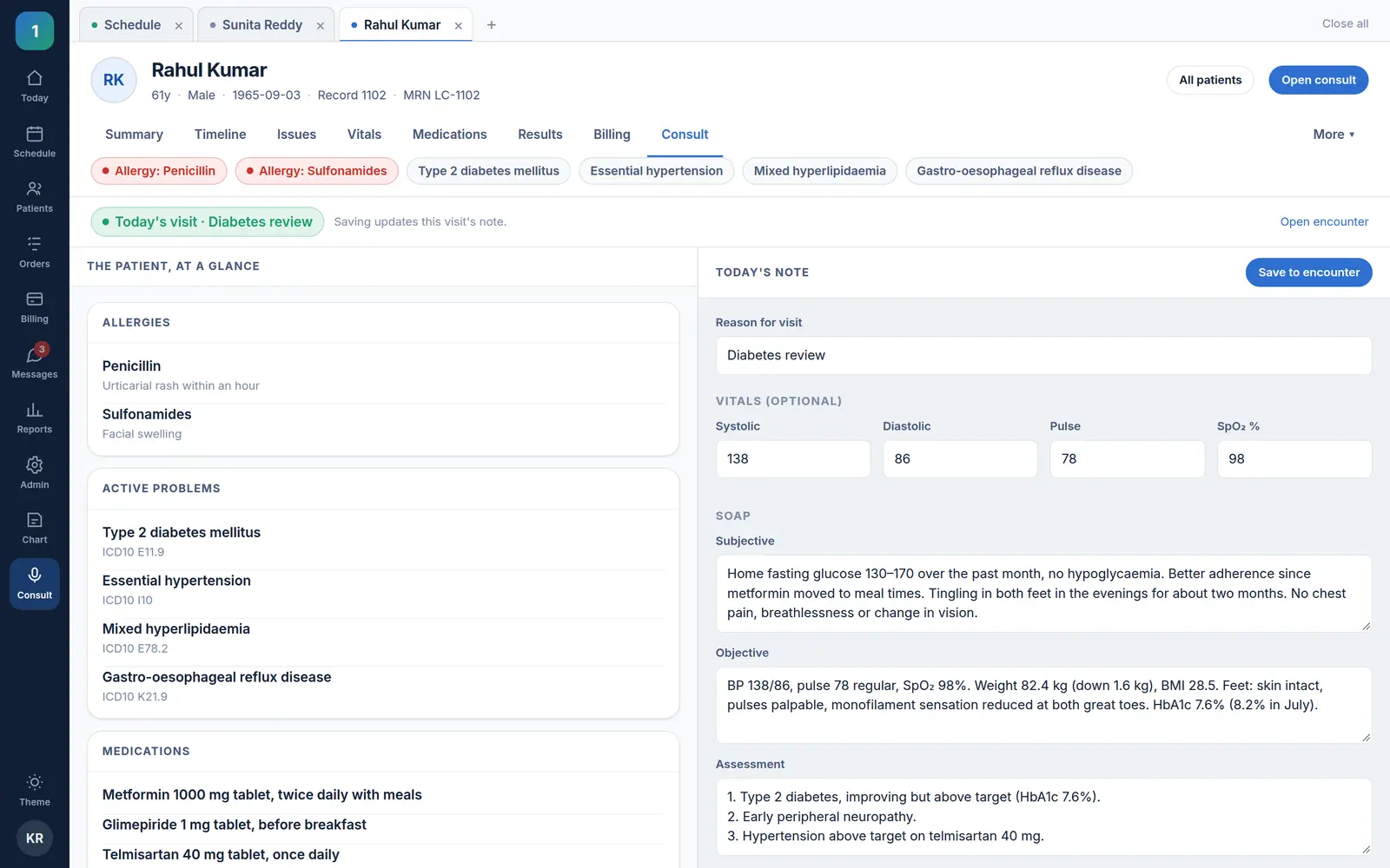 ONEemr consult screen during a diabetes review: allergies, active problems and medications on the left; the reason for visit, today’s vitals and a SOAP note being written on the right.