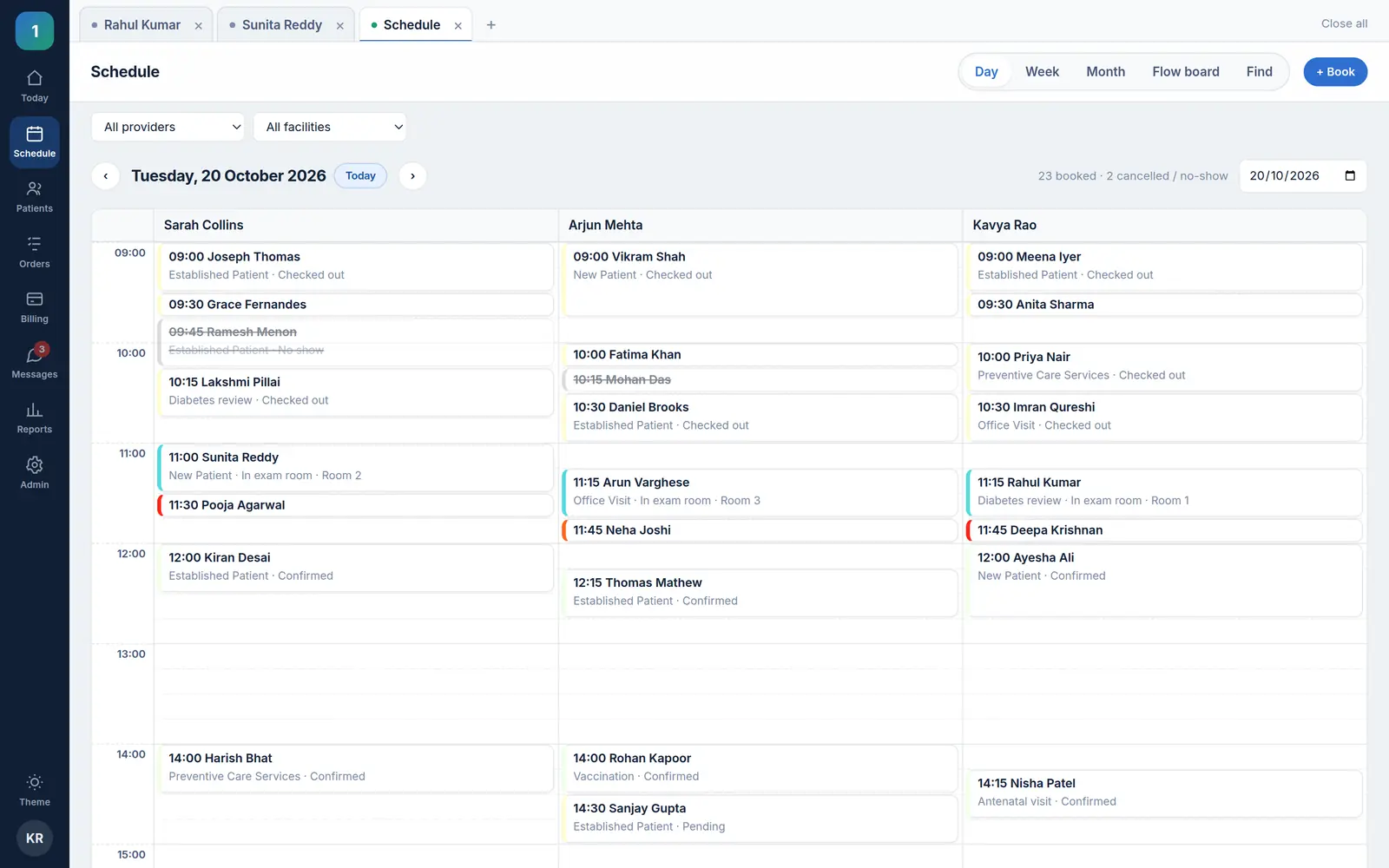 ONEemr’s day schedule with one column per clinician; each appointment block is sized by its length and shows checked out, in exam room with a room number, arrived, confirmed or pending, with cancelled and no-show visits struck through.