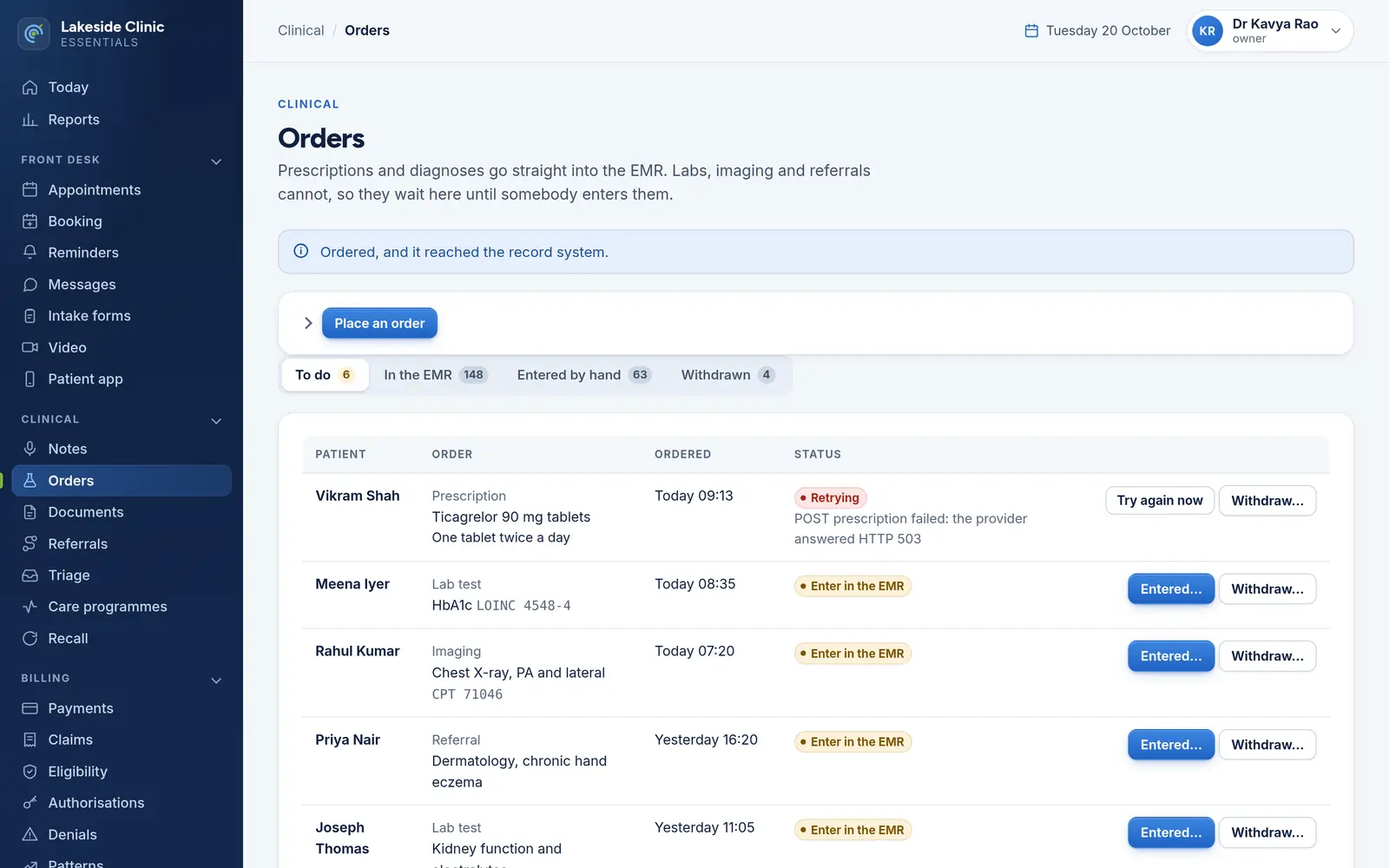 The orders to-do list: lab, imaging and referral orders marked “Enter in the EMR”, a prescription marked “Retrying” with the EMR’s error, and confirmation that the last prescription reached the record.