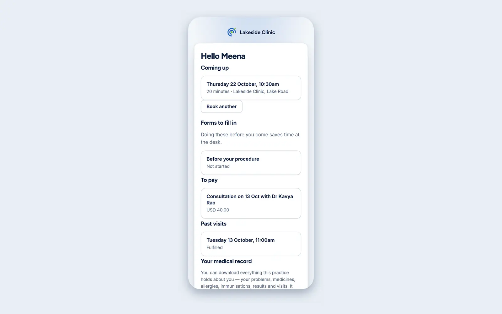 The patient app as a patient sees it: her next appointment, a form to fill in before the visit, a consultation bill to pay, a past visit, and a button to download her record.