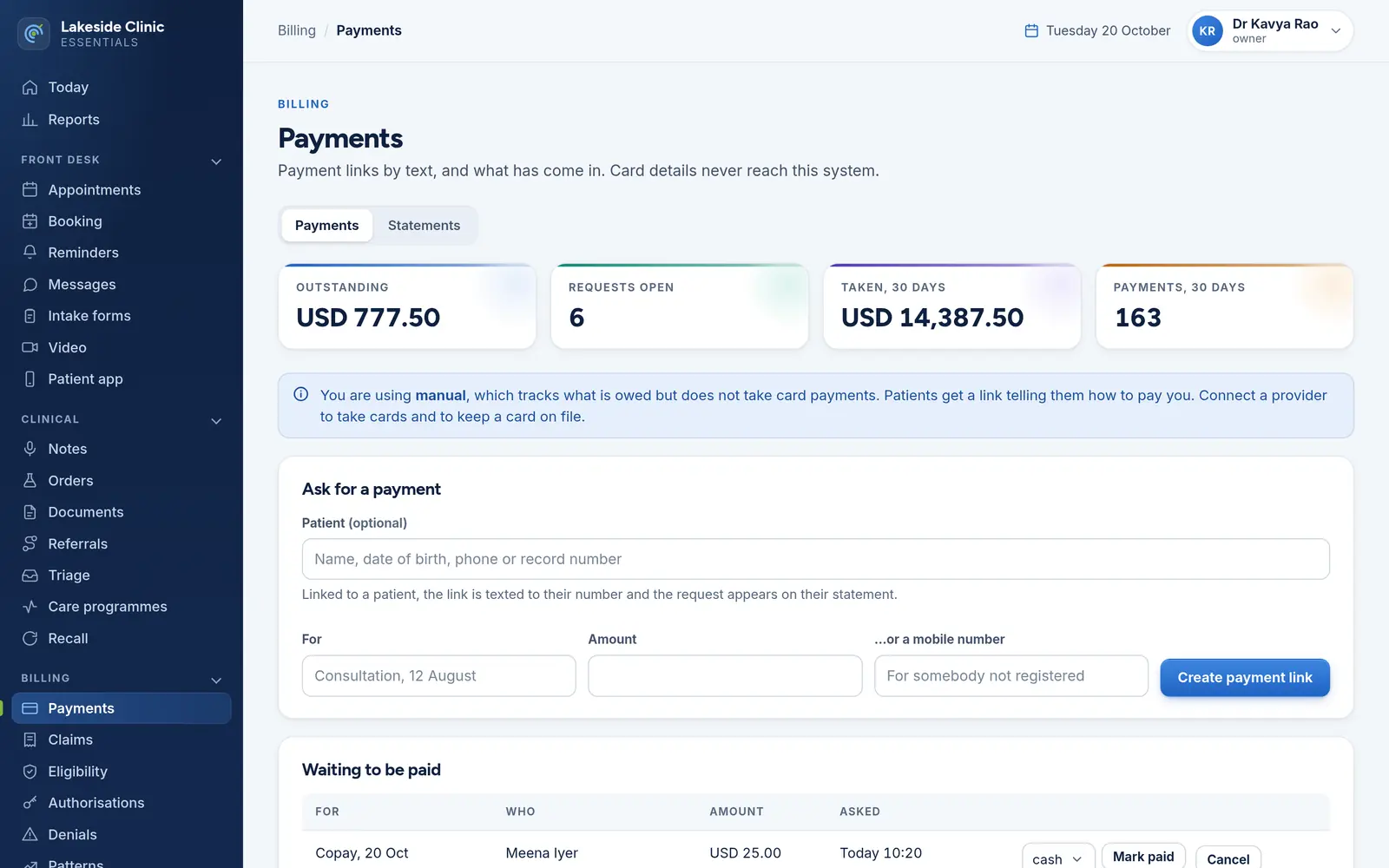 The Payments page: outstanding and 30-day totals, a form to create a payment link, and requests waiting to be paid with Mark paid and Cancel.