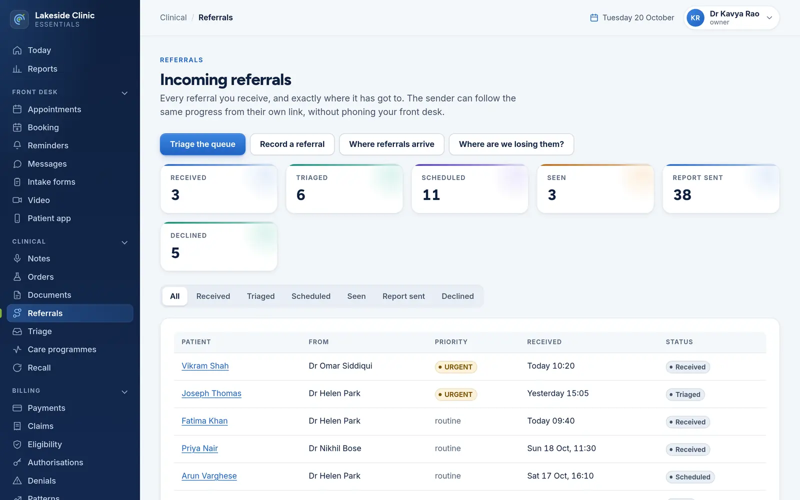 The incoming referrals list with counts at each stage and referrals listed urgent first, showing the sender, priority, arrival time and status.