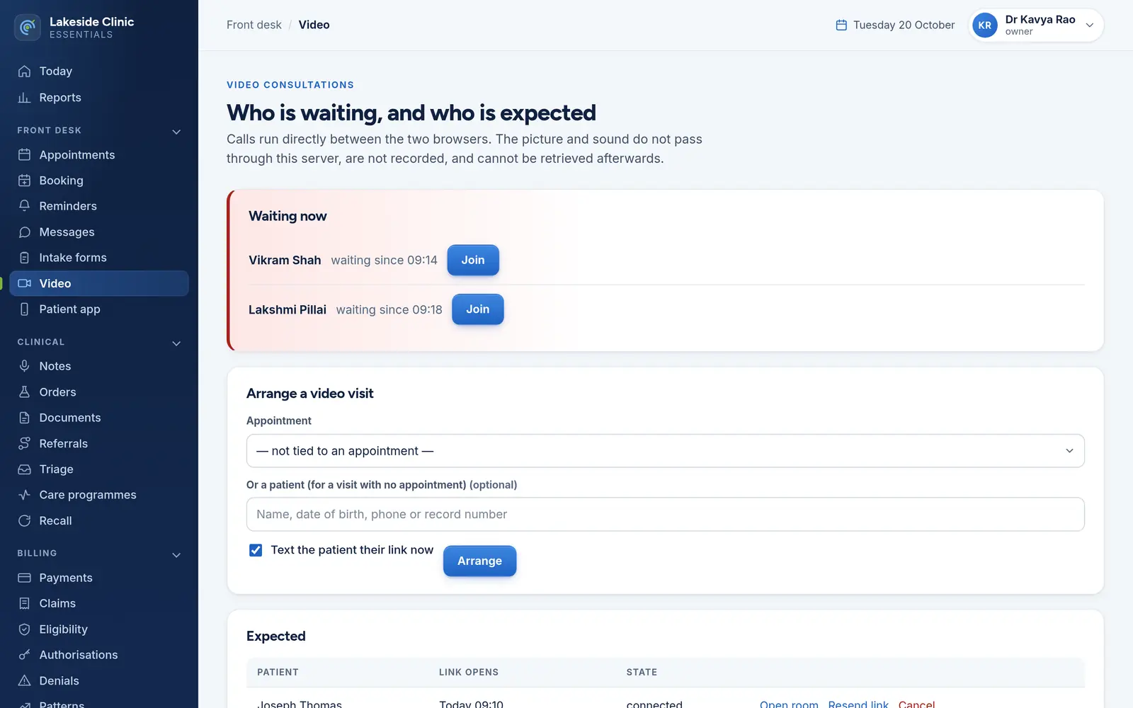The video consultations page: two patients in the waiting room with Join buttons, a form to arrange a video visit and text the link, and the day’s expected visits.