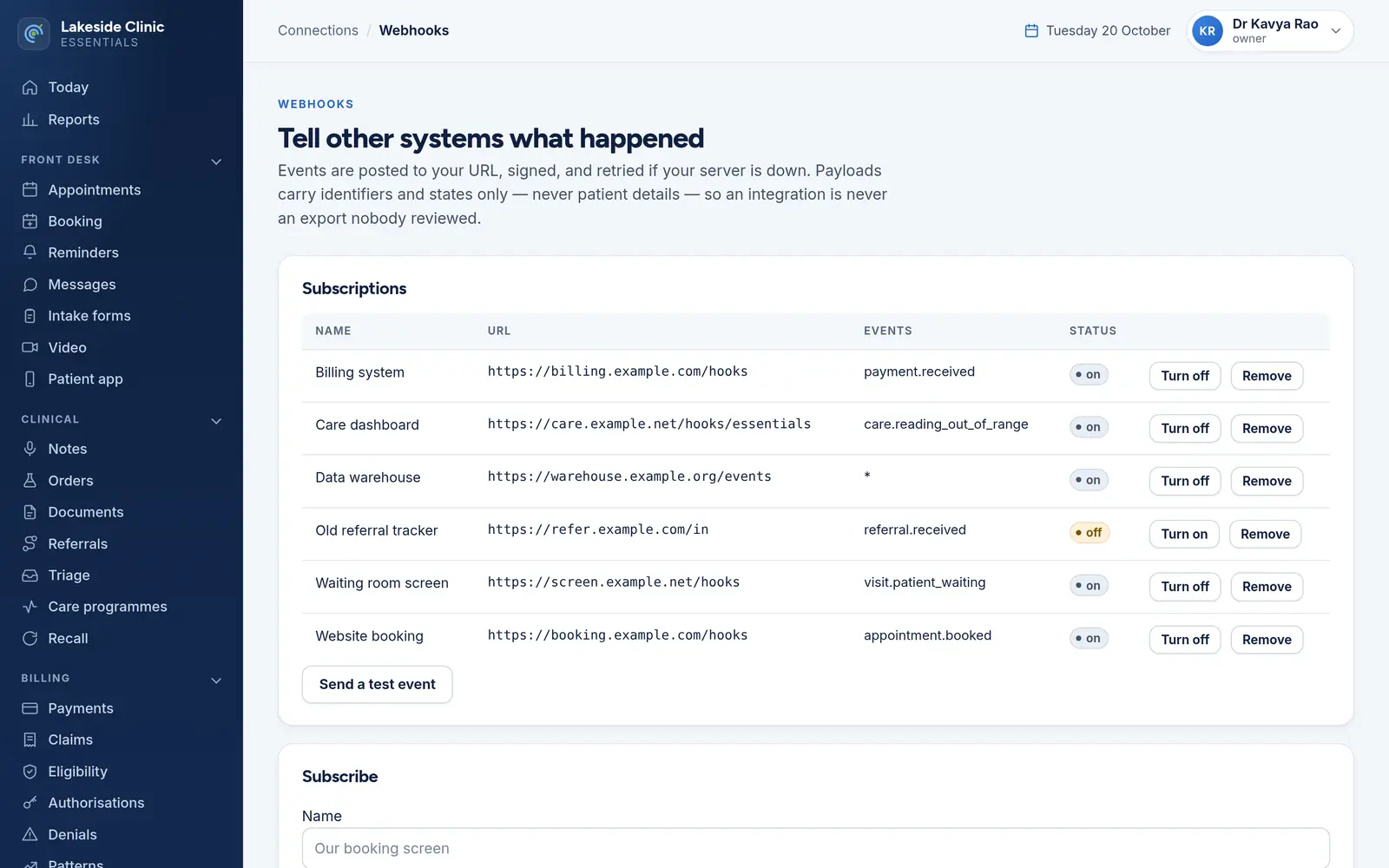 The webhooks page listing six subscriptions, each with its HTTPS address, the events it receives and an on or off status, above the form for adding a new subscription.